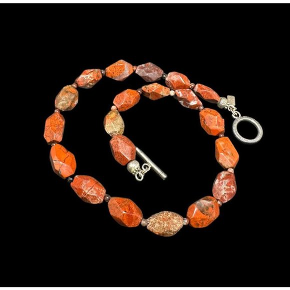 Signed Peyote Bird 925 Toggle Necklace Red Orange Jasper Chunky Beaded 17.5 in - Picture 6 of 6